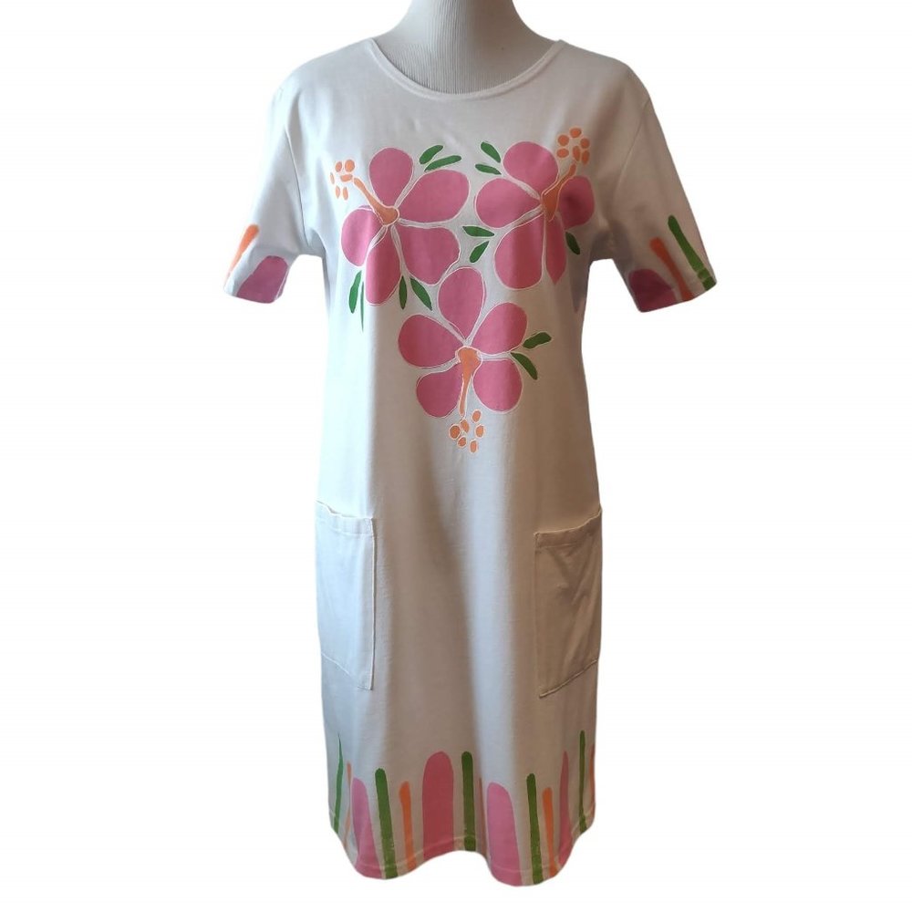 Crazy Fish Womens White Pink Hibiscus S/S Pockets Beach Coverup T-Shirt Dress S